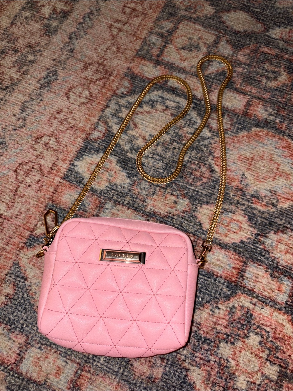 River Island Quilted Pink Mini Crossbody with Gold Chain